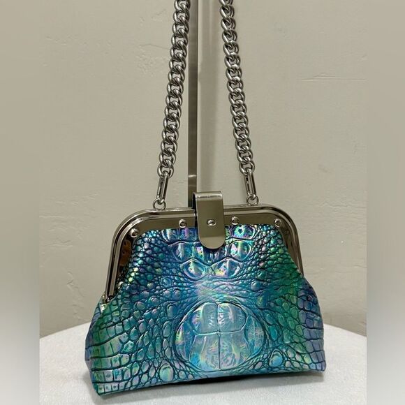 Iridescent Croc-Embossed Cowhide Handmade Unique Rivet Frame Multi Use Style Bag - Picture 5 of 16